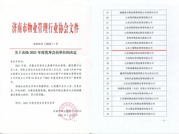 雙倍榮譽！山東三箭物業管理有限公司榮獲物業協會 “年度優秀會員單位”